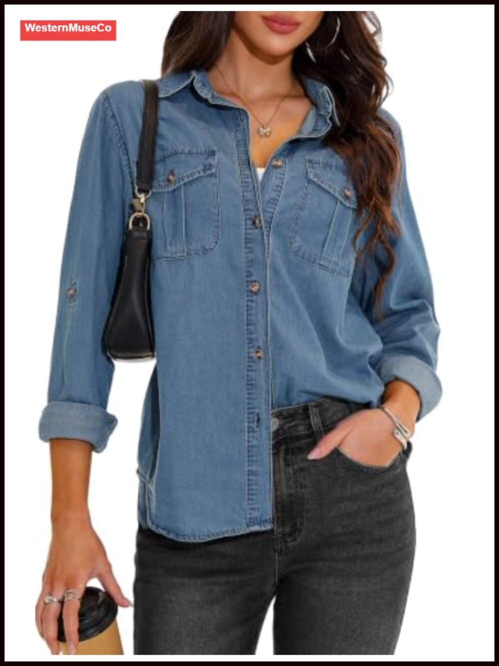 Womens Denim Button Down Shirt Long Sleeve Oversized Western Shacket